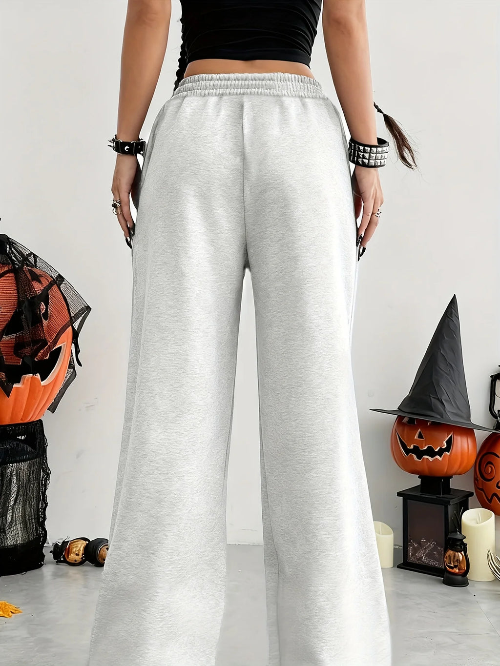 Women'S Casual Wide-Leg Joggers with Elastic Waistband Pockets Solid Color Stretchy Comfort Fit All-Season Comfort