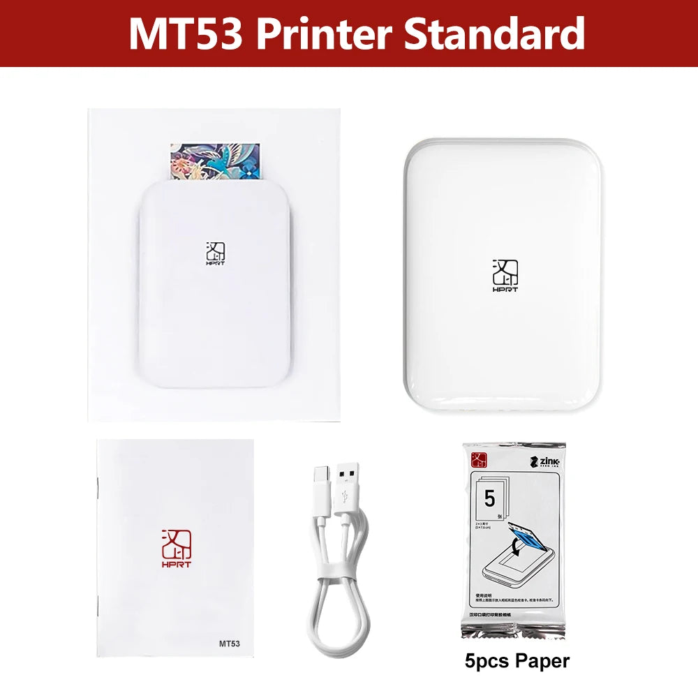 HPRT MT53 Portable Photo Printer Pocket Zink Technology Bluetooth Print 2x3'' Sticky-Backed Photo Paper Machine with Papers Case