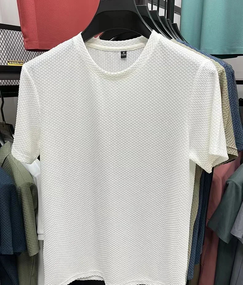 Summer Ice Silk High-End Solid Color High Quality Short Sleeve T Shirts Men's Breathable Fashion T-Shirt Male Brand Clothes 6XL
