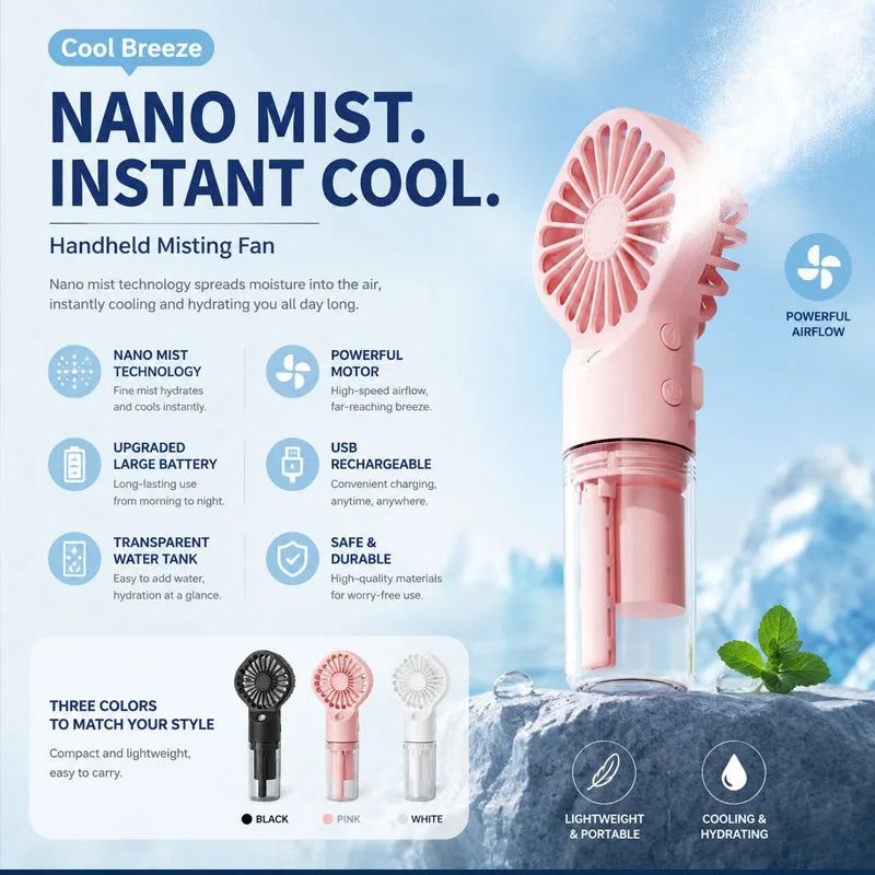 Water Mist Fan Portable Humidifier Small Handheld Spray Fan 4-speed Wind, Strong Wind Force Outdoor Travel Water Spray Fan