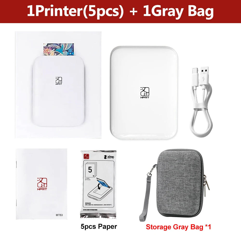 HPRT MT53 Portable Photo Printer Pocket Zink Technology Bluetooth Print 2x3'' Sticky-Backed Photo Paper Machine with Papers Case