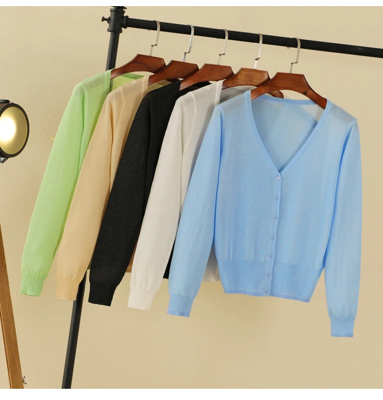 Summer Cardigan Women Cropped Korean Fashion Style Female Black Women's Coat Clothing V-neck Ladies Sweater Outerwear Cute Basic