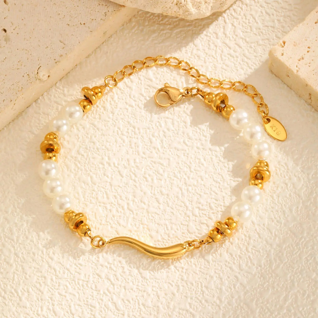 Vnox Gold Plated Bead Pearl Chain Bracelet For Women, Charm Multilayer Wristband, Stainless Steel Waterproof Jewelry