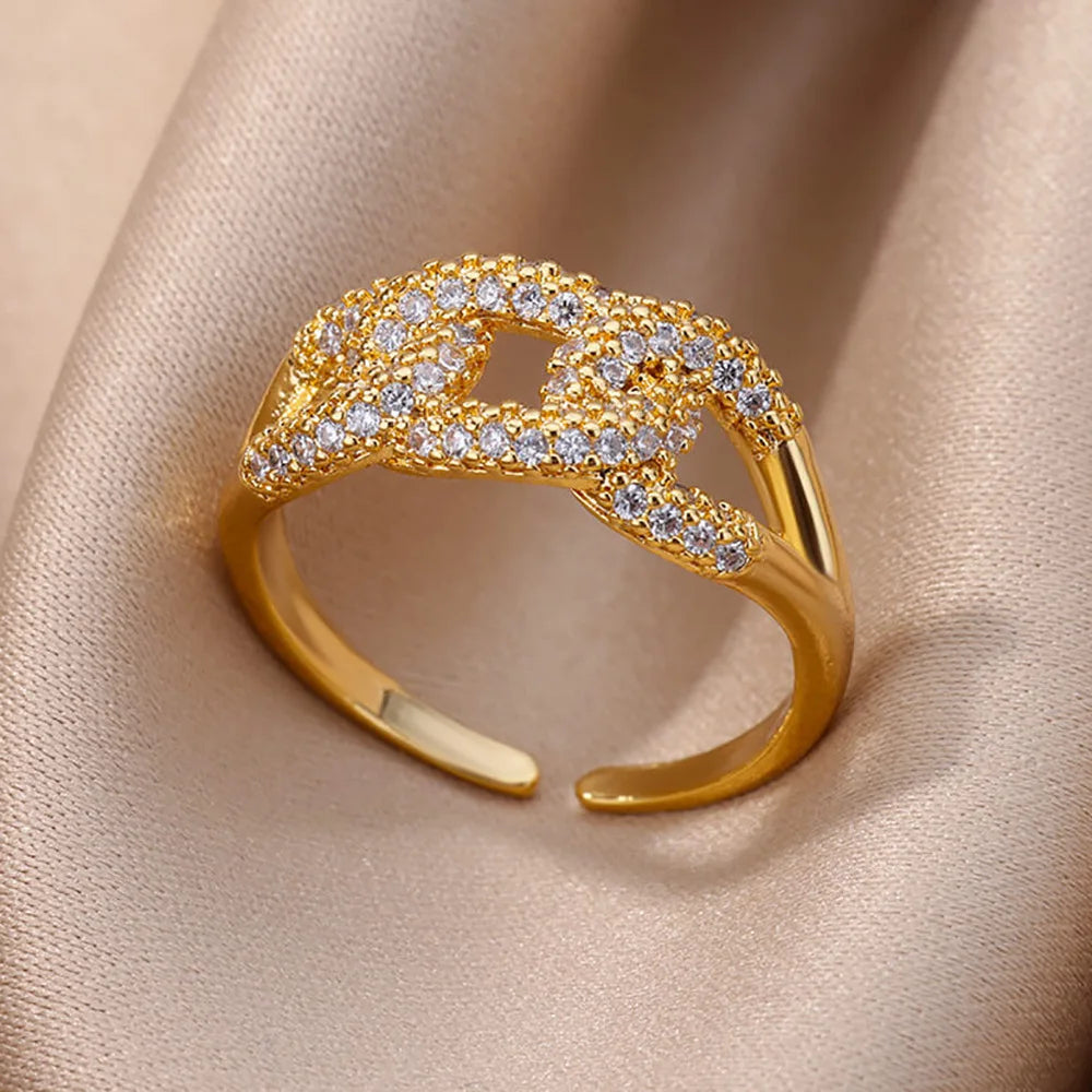 Gold Plated Stainless Steel Crystal Rings For Women Chain Geometry Zircon Finger Ring Jewelry Gift anillos mujer 2025 New Trendy