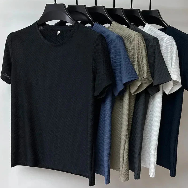 Summer Ice Silk High-End Solid Color High Quality Short Sleeve T Shirts Men's Breathable Fashion T-Shirt Male Brand Clothes 6XL