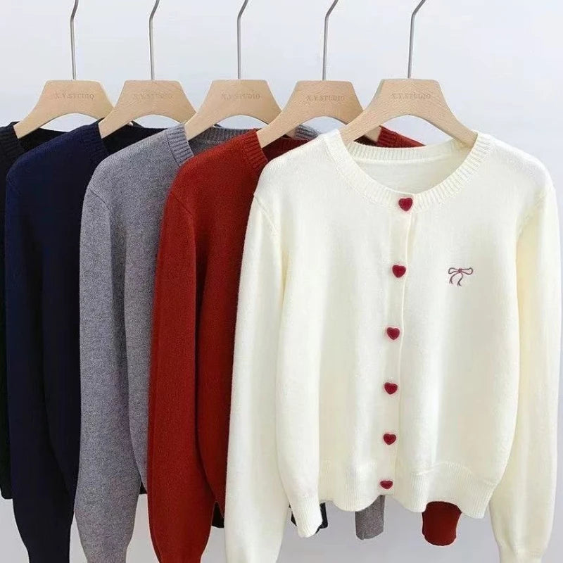 2026 Korean Casual Solid Knitting Tops Women Knitted Cardigan Bow Embroidery O-Neck Single Breasted Heart-shaped Button Sweater