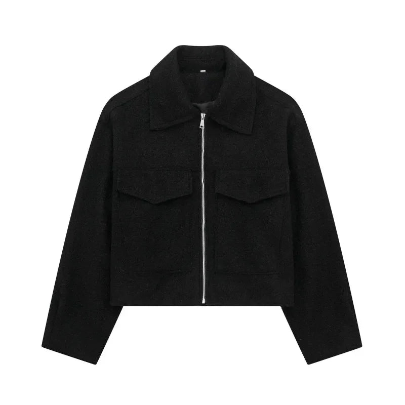 Knit Fashion Warm Jackets Coat Women's Zipper Pocket Solid Lapel Loose Commute Stitch Sweatshirt Female Autumn Jackets New