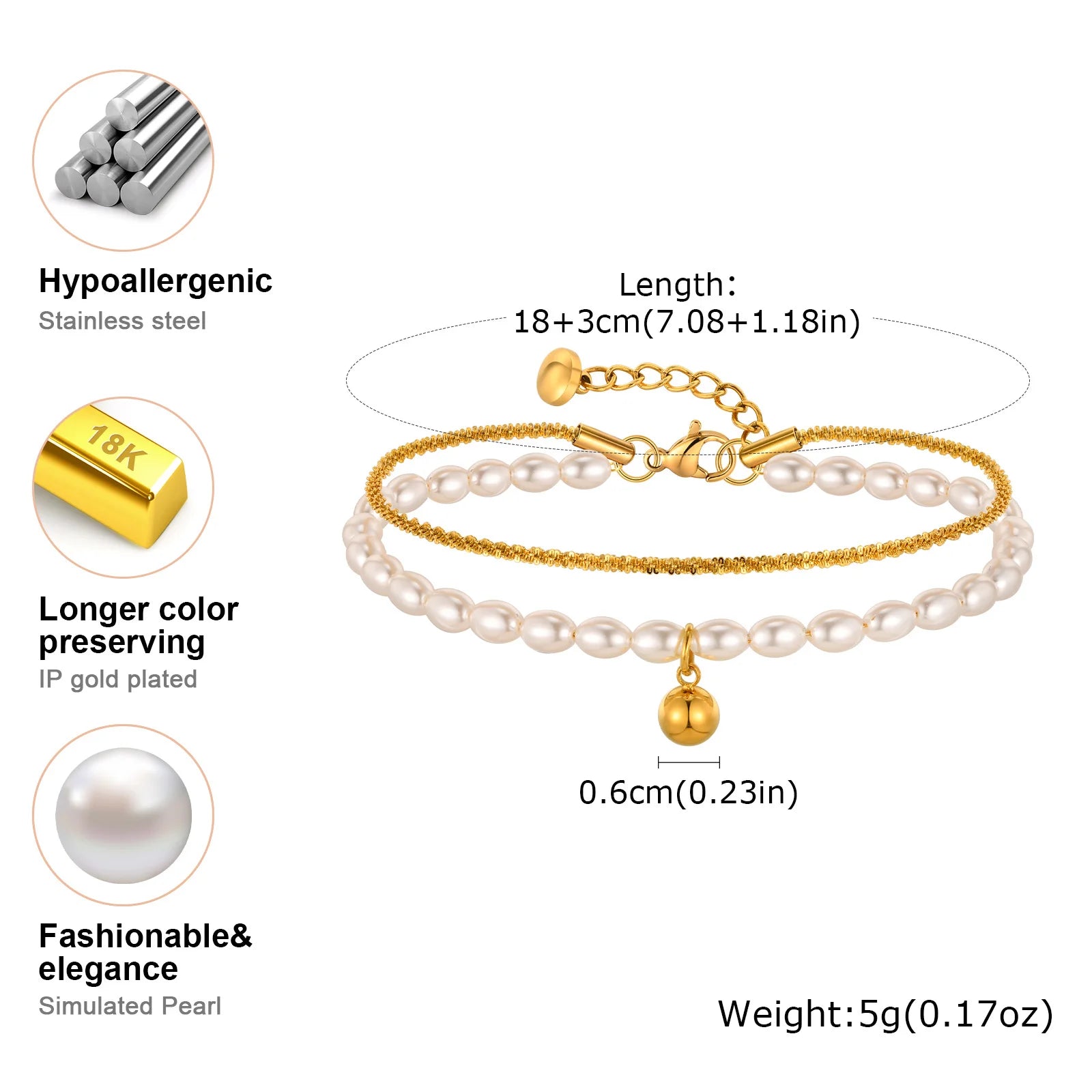 Vnox Gold Plated Bead Pearl Chain Bracelet For Women, Charm Multilayer Wristband, Stainless Steel Waterproof Jewelry