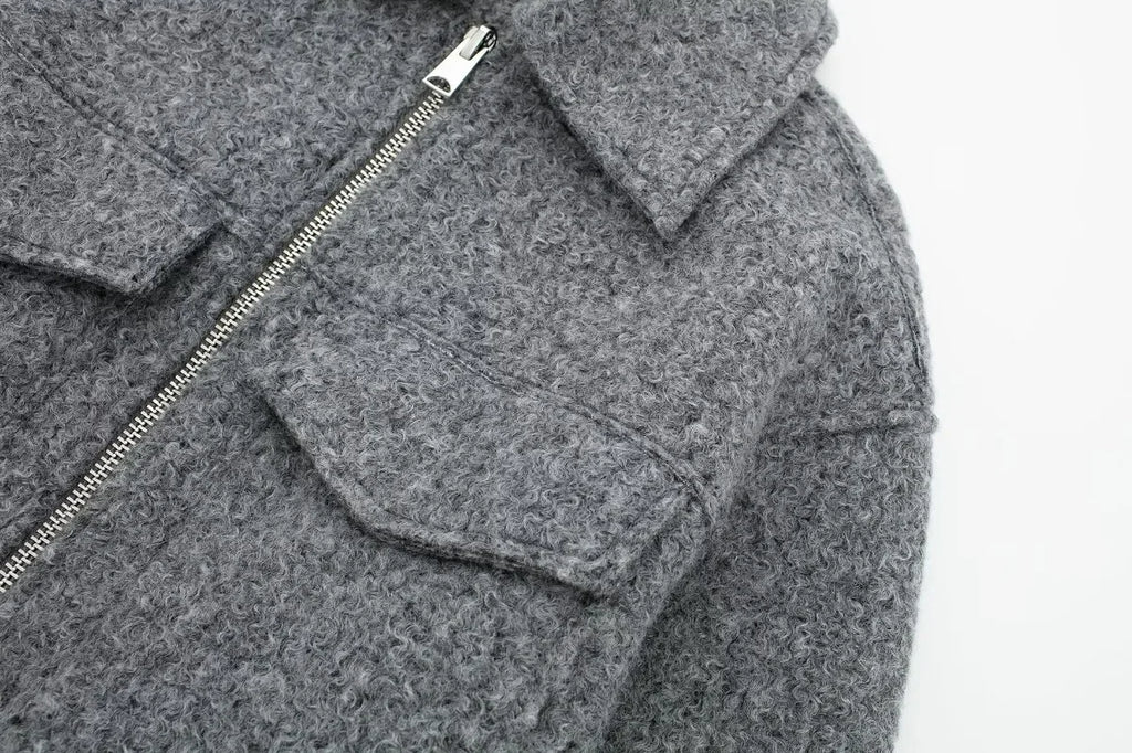 Knit Fashion Warm Jackets Coat Women's Zipper Pocket Solid Lapel Loose Commute Stitch Sweatshirt Female Autumn Jackets New
