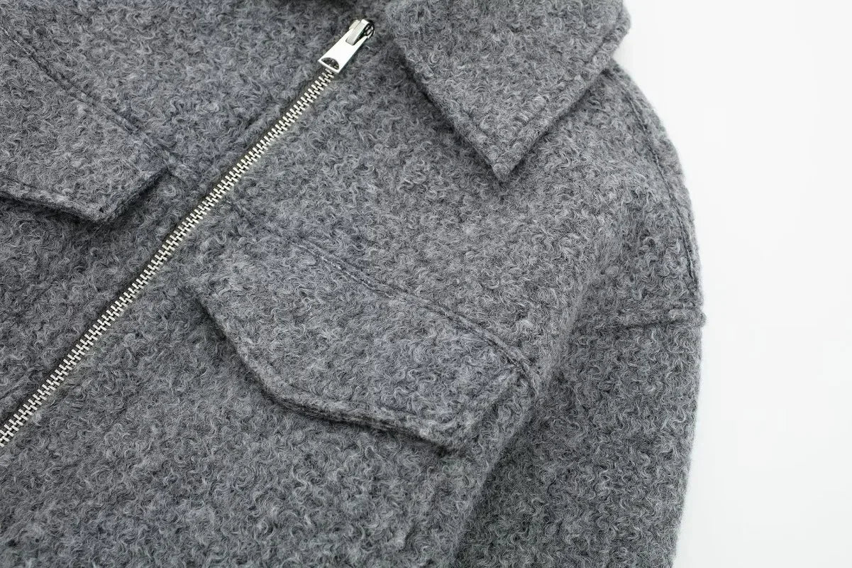 Knit Fashion Warm Jackets Coat Women's Zipper Pocket Solid Lapel Loose Commute Stitch Sweatshirt Female Autumn Jackets New