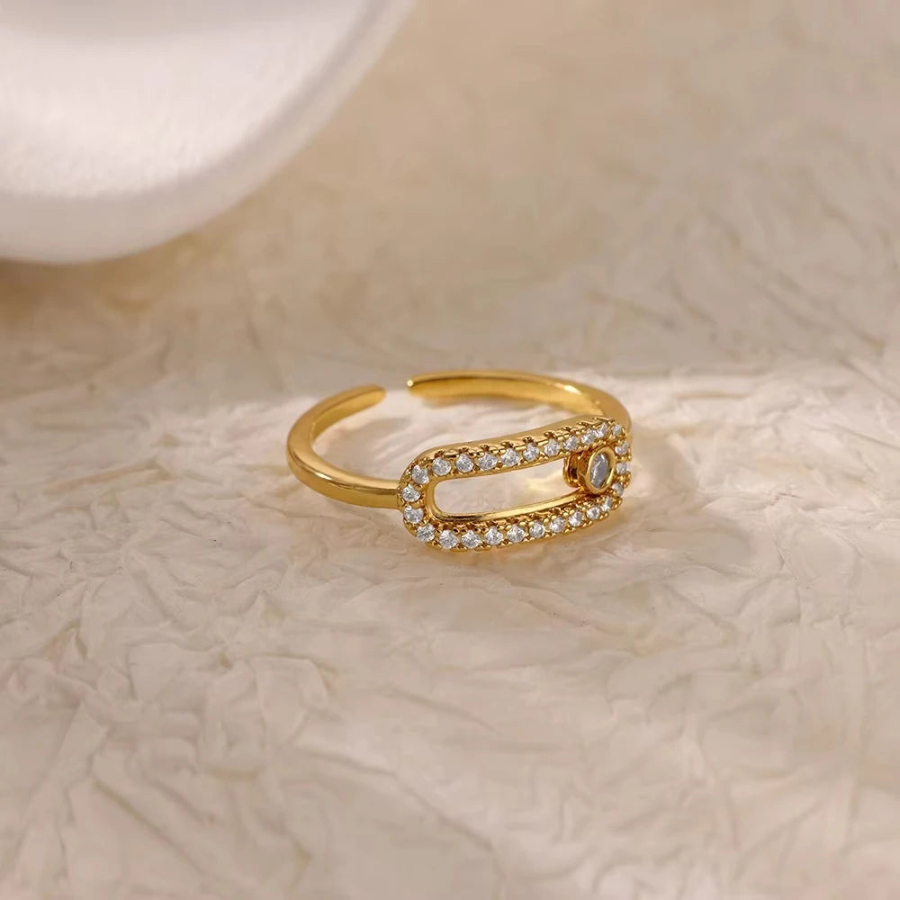Gold Plated Stainless Steel Crystal Rings For Women Chain Geometry Zircon Finger Ring Jewelry Gift anillos mujer 2025 New Trendy