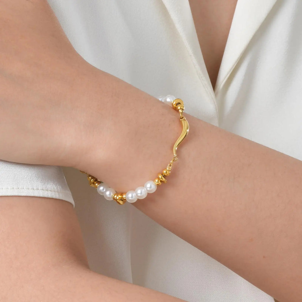 Vnox Gold Plated Bead Pearl Chain Bracelet For Women, Charm Multilayer Wristband, Stainless Steel Waterproof Jewelry