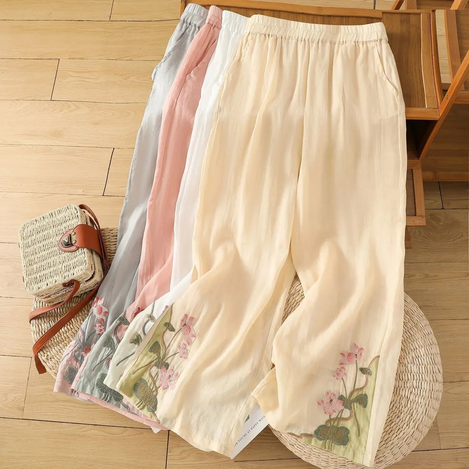 Loose Cotton Linen Pants with Embroidery for Women Summer New Style Thin Slimming Casual Trousers Vintage Artistic Large Size