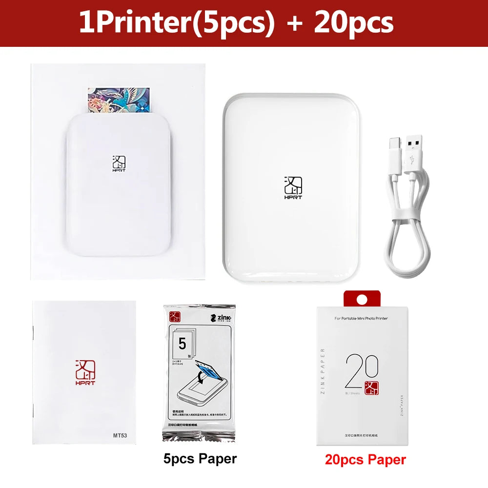 HPRT MT53 Portable Photo Printer Pocket Zink Technology Bluetooth Print 2x3'' Sticky-Backed Photo Paper Machine with Papers Case