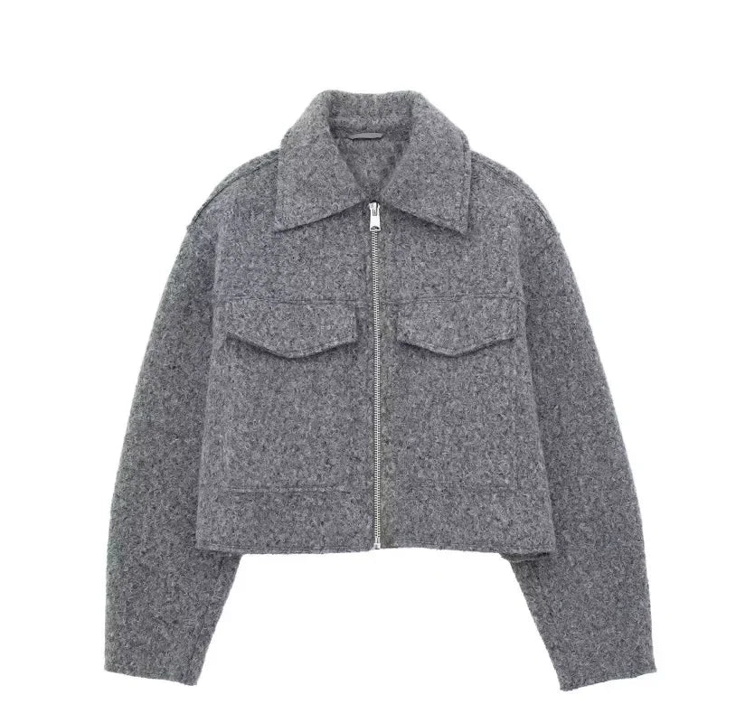 Knit Fashion Warm Jackets Coat Women's Zipper Pocket Solid Lapel Loose Commute Stitch Sweatshirt Female Autumn Jackets New