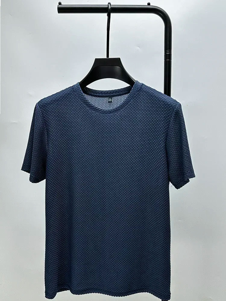 Summer Ice Silk High-End Solid Color High Quality Short Sleeve T Shirts Men's Breathable Fashion T-Shirt Male Brand Clothes 6XL