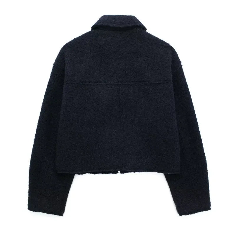 Knit Fashion Warm Jackets Coat Women's Zipper Pocket Solid Lapel Loose Commute Stitch Sweatshirt Female Autumn Jackets New